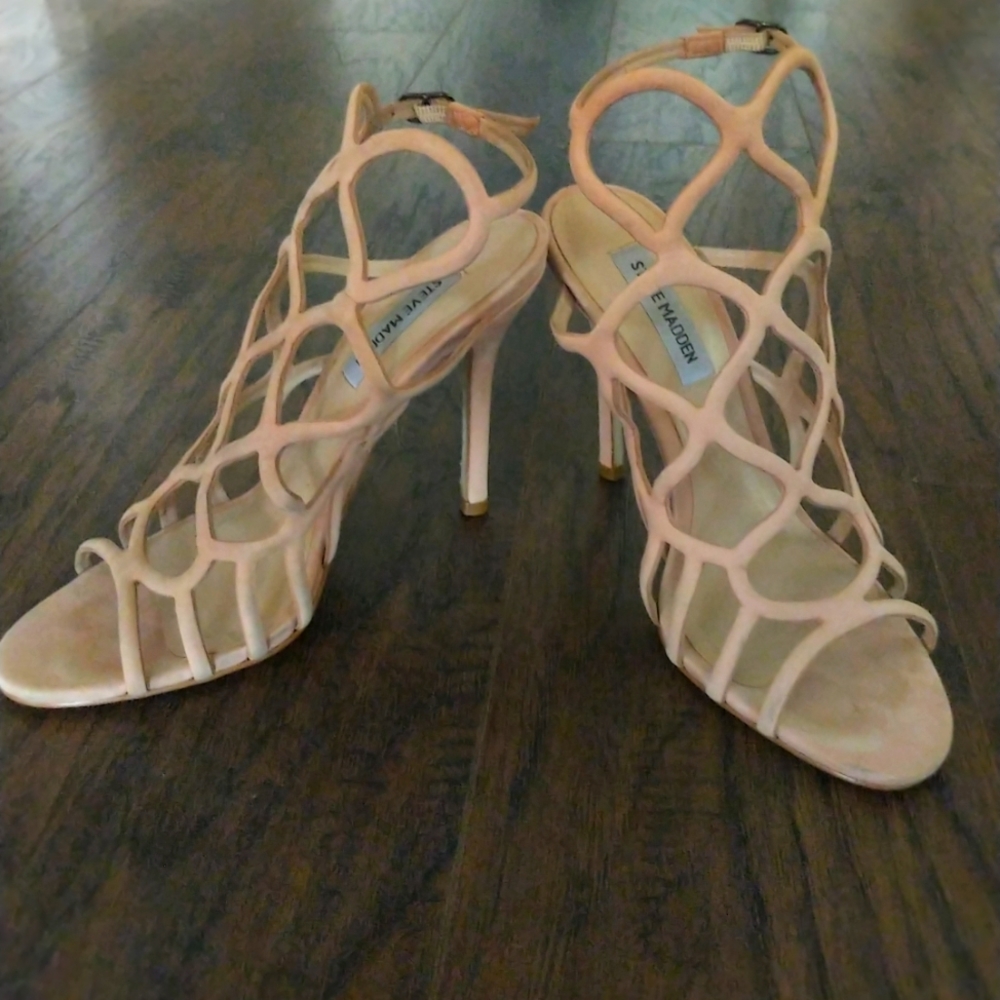 Steve Madden "Teagan" blush lace-weave 4" high heel sandals